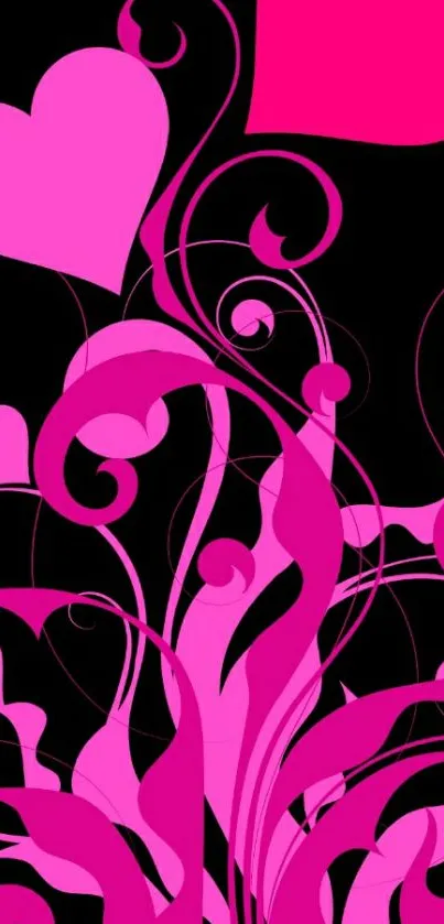 Pink floral hearts and swirls on black background wallpaper.