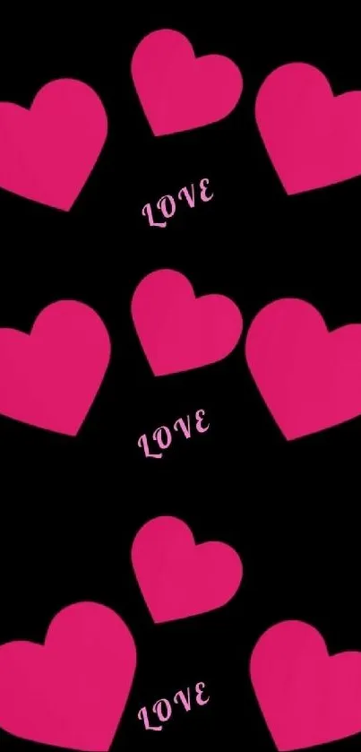 Pink hearts and love text on black background.