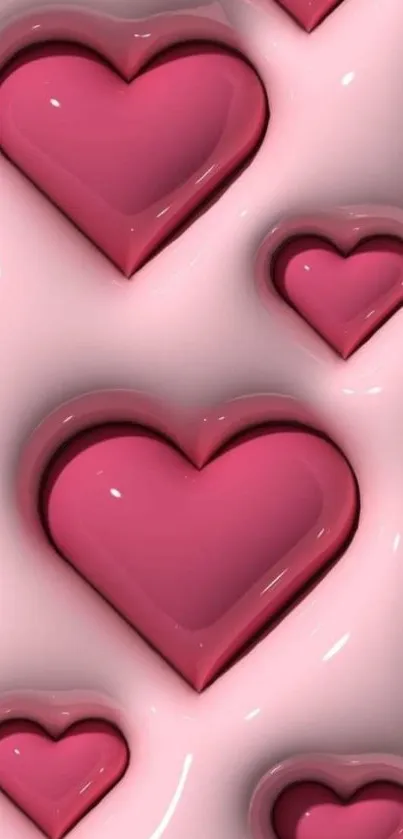 Mobile wallpaper with glossy pink hearts on a lighter pink background.