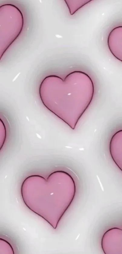 Glossy pink hearts pattern on white background.