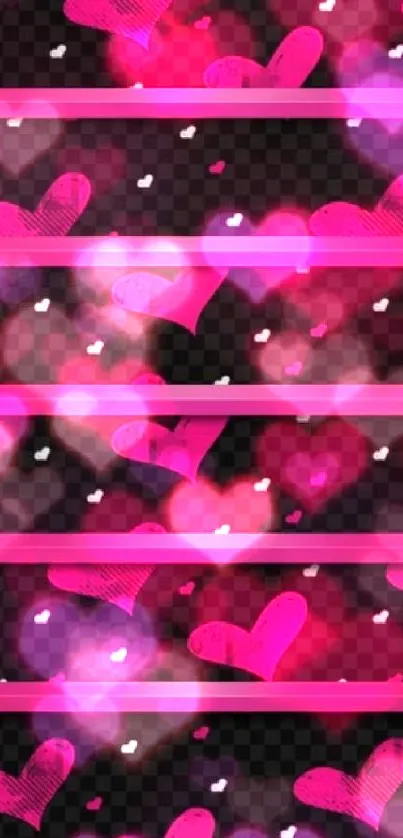 Vibrant pink hearts on a black background wallpaper.