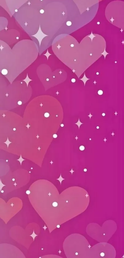 Mobile wallpaper with vibrant pink hearts and sparkling stars on a purple background.