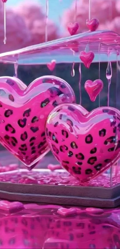 Colorful pink hearts wallpaper with leopard print design.