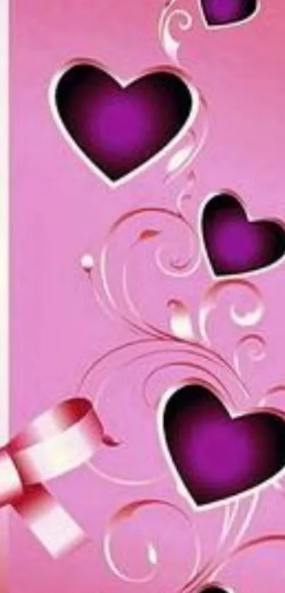 Pink and purple hearts mobile wallpaper with floral swirls.