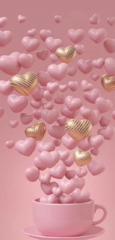 Pink 3D hearts floating from a cup, creating a romantic and cute mobile wallpaper.