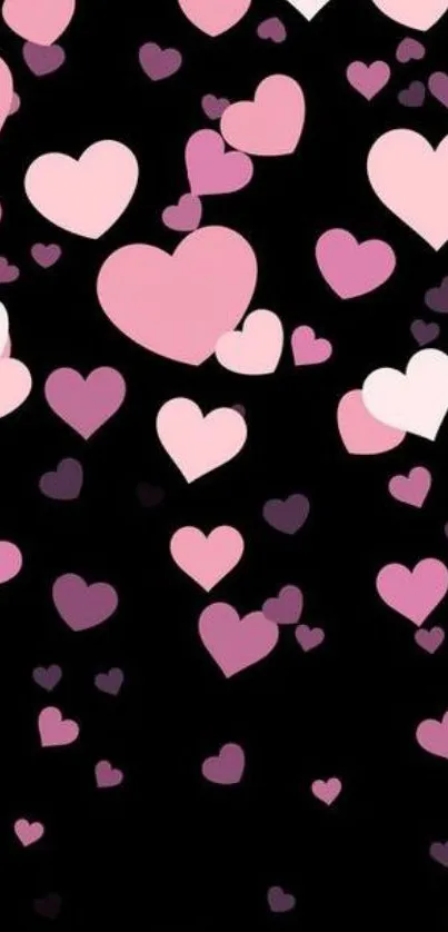 Black background with cascading pink hearts.