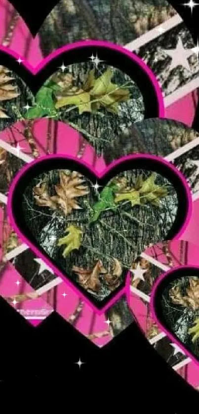 Pink hearts with natural foliage design on a black background.