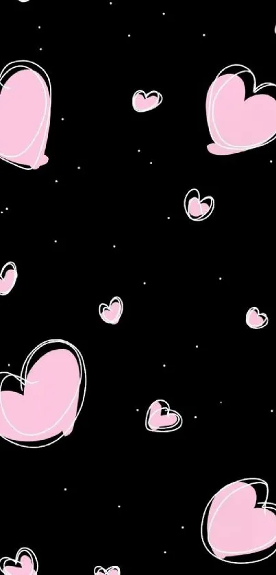 Pink hearts on a black background wallpaper.