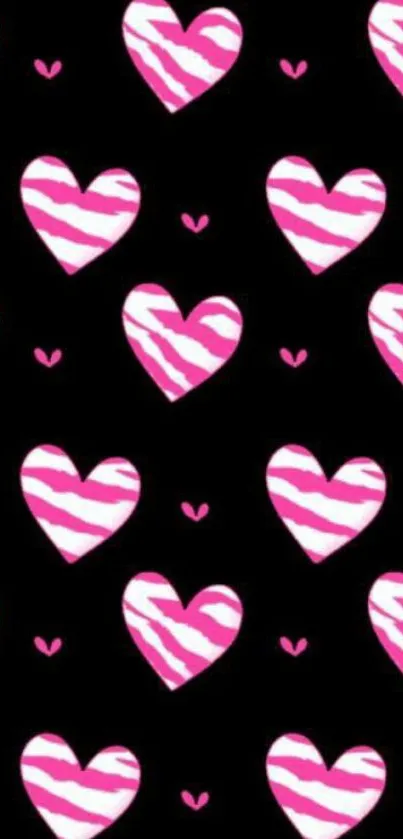 Vibrant pink hearts pattern on a black background for mobile wallpaper.