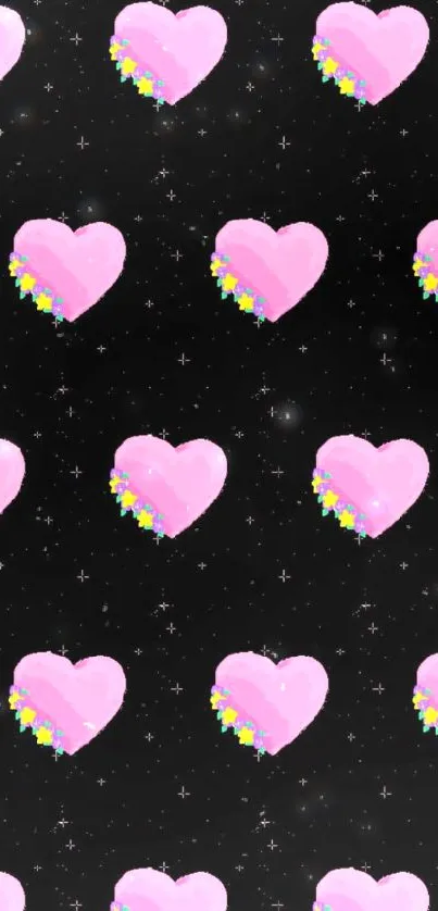 Digital wallpaper with pink hearts on a black starry background.