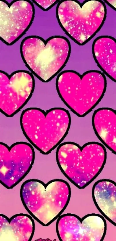 Vibrant pink hearts wallpaper with cosmic sparkles.