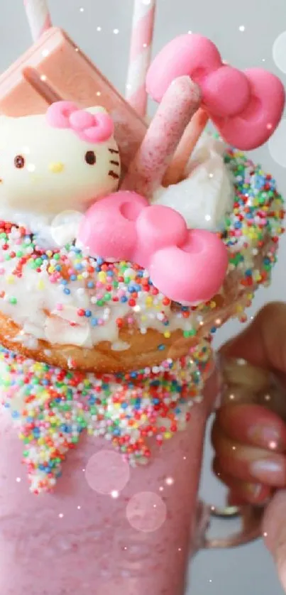 Whimsical pink Hello Kitty milkshake with a sprinkle donut and candies.