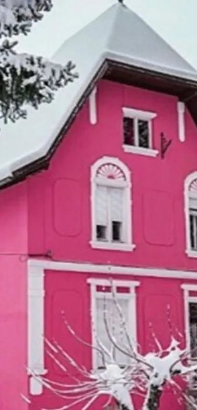 Pink house with snowy background creating a vibrant winter scene.