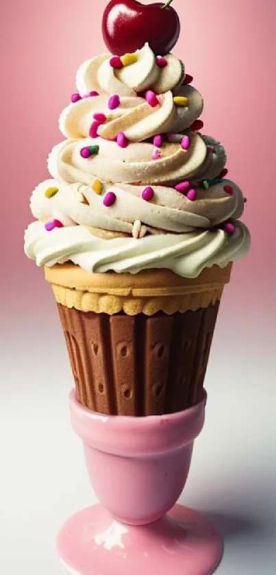 Pink ice cream cone with sprinkles and cherry top in vibrant mobile wallpaper.