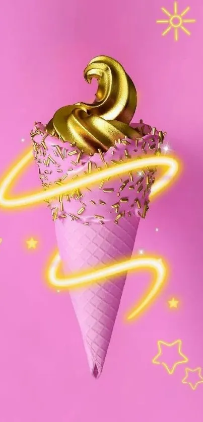 Pink ice cream cone with gold swirl and neon accents on a vibrant background.