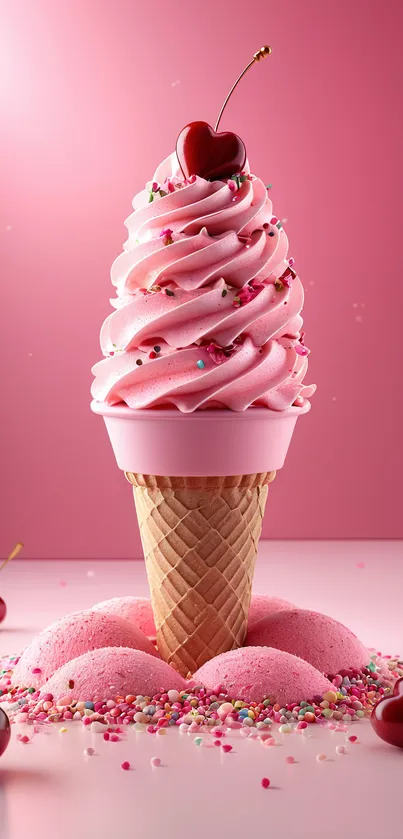 Pink ice cream cone with cherry and sprinkles