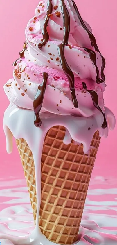 Pink ice cream cone with chocolate drizzle and waffle cone on a pink background.