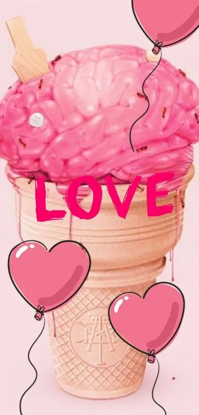 Pink ice cream cone with heart balloons and 'LOVE' text.