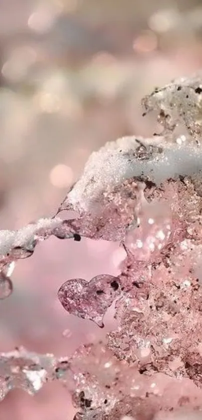 Heart-shaped pink ice crystal amid sparkling ice.