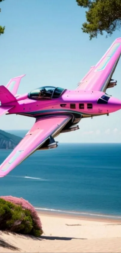 A vibrant pink jet flying over a scenic coastal view.