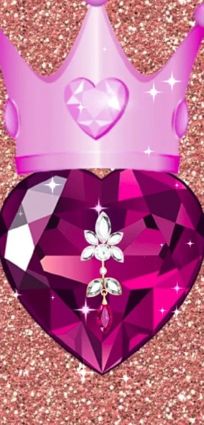Pink jewel heart with crown on sparkling background.