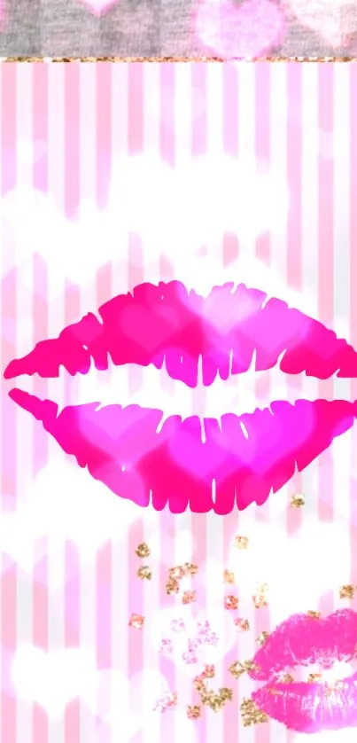 Vibrant pink lips and sparkles on striped background wallpaper.