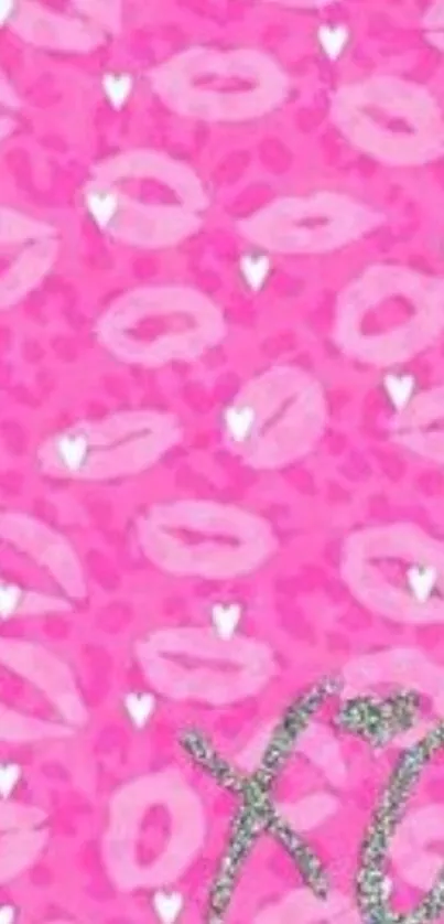 Pink wallpaper with lips, hearts, and XO glitter design.