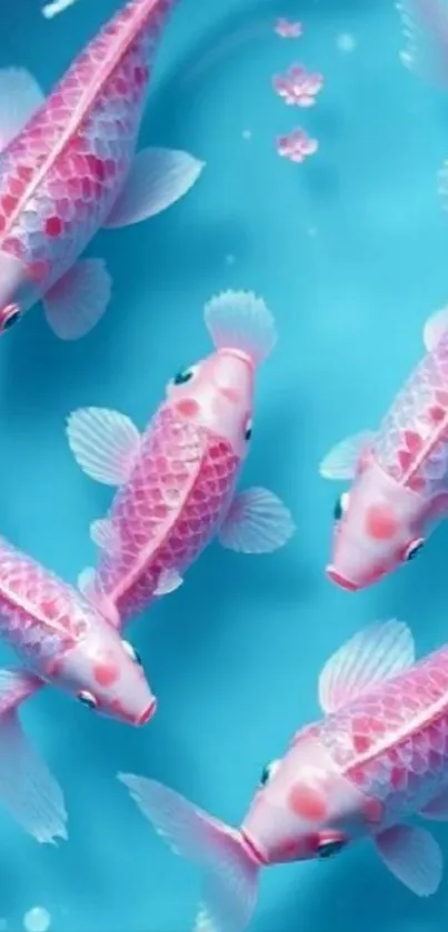 Pink koi fish swimming on a blue background.