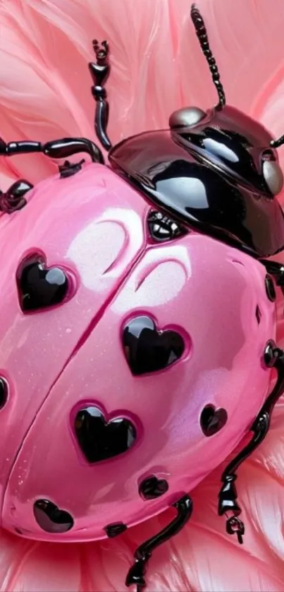 Pink ladybug with hearts on a soft feather background.