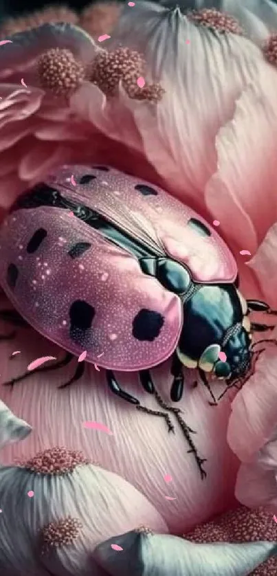 Pink ladybug resting on a delicate flower for a stunning nature wallpaper.