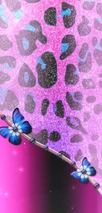 Vibrant pink leopard print with blue butterflies.