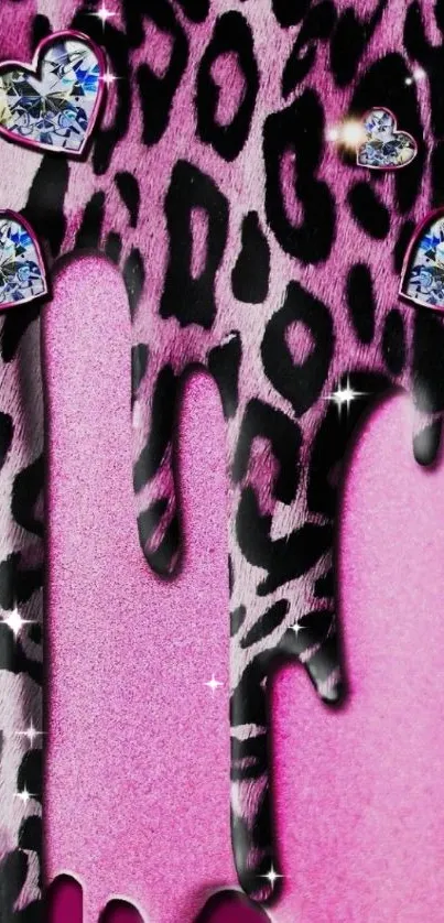 Pink leopard print wallpaper with sparkling heart-shaped gems design.