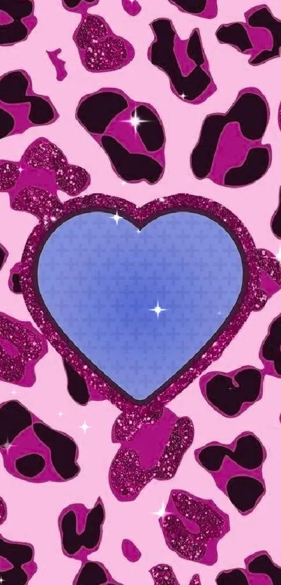 Pink leopard print wallpaper with blue heart and glitter accents.