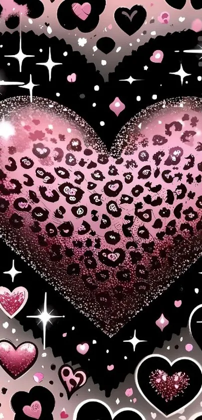 Leopard print heart on pink and black background with sparkles.