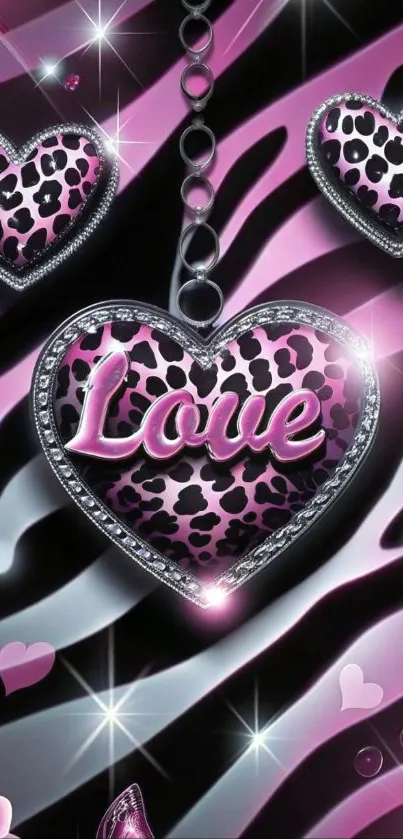 Pink leopard heart wallpaper with love text and shimmering accents.