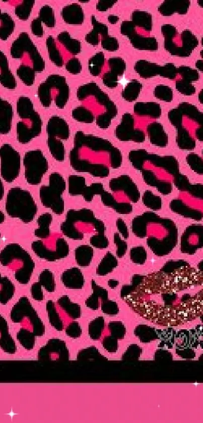 Pink leopard print wallpaper with glittery lips design.