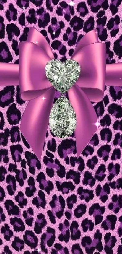 Pink leopard print wallpaper with purple ribbon.