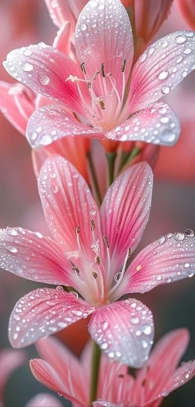 Close-up of pink lily flowers with dew drops.
