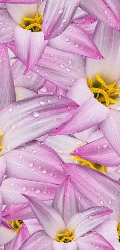 Vibrant pink lily flowers with dew droplets.