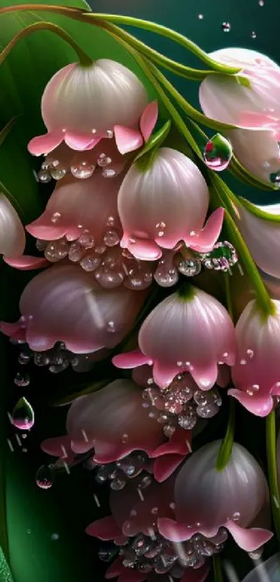 Pink lily of the valley flowers with droplets in digital art.