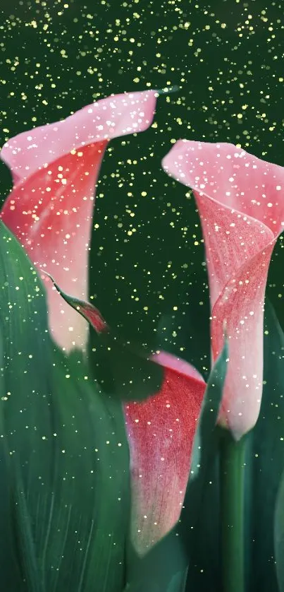 Pink lilies with gold sparkles over a forest green backdrop.