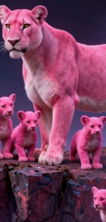 Fantasy pink lions on a mystical rock.