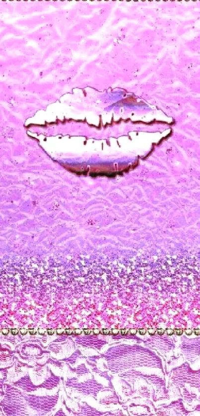 Vibrant pink wallpaper with lips, glitter, and lace design.