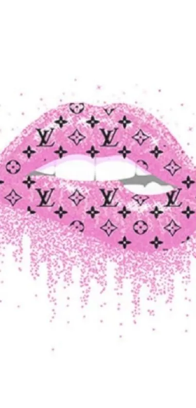 Pink lips with patterns and glitter on white background.