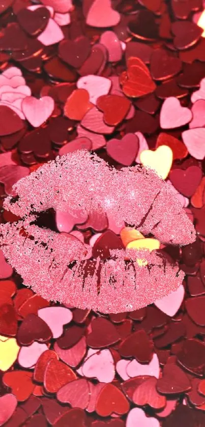 Pink glitter lips on red and pink heart background wallpaper.