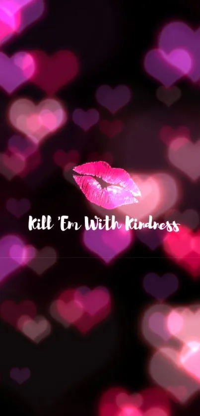 Pink lips and kindness quote on black wallpaper.