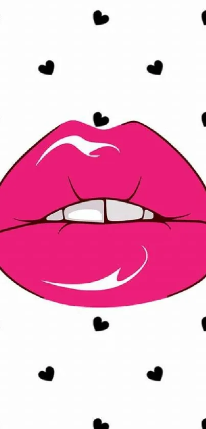 Cartoon image of pink lips with black hearts on white background.