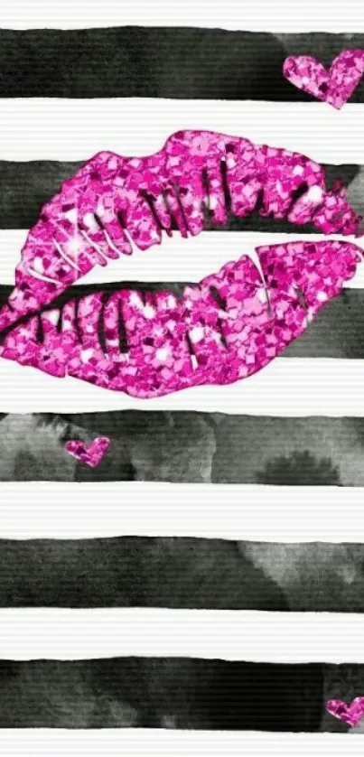 Pink lips with stripes and hearts mobile wallpaper.