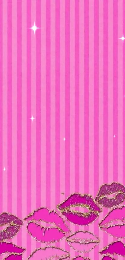 Vibrant pink wallpaper with glittering lips pattern on stripes.