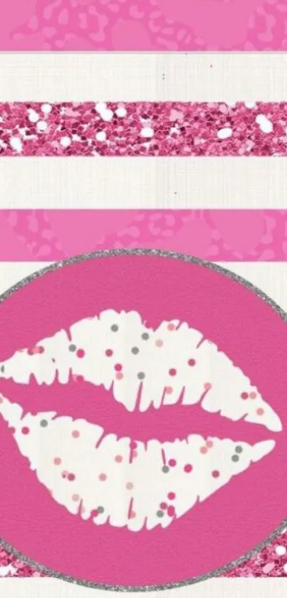 Pink glitter lips wallpaper with stripes.